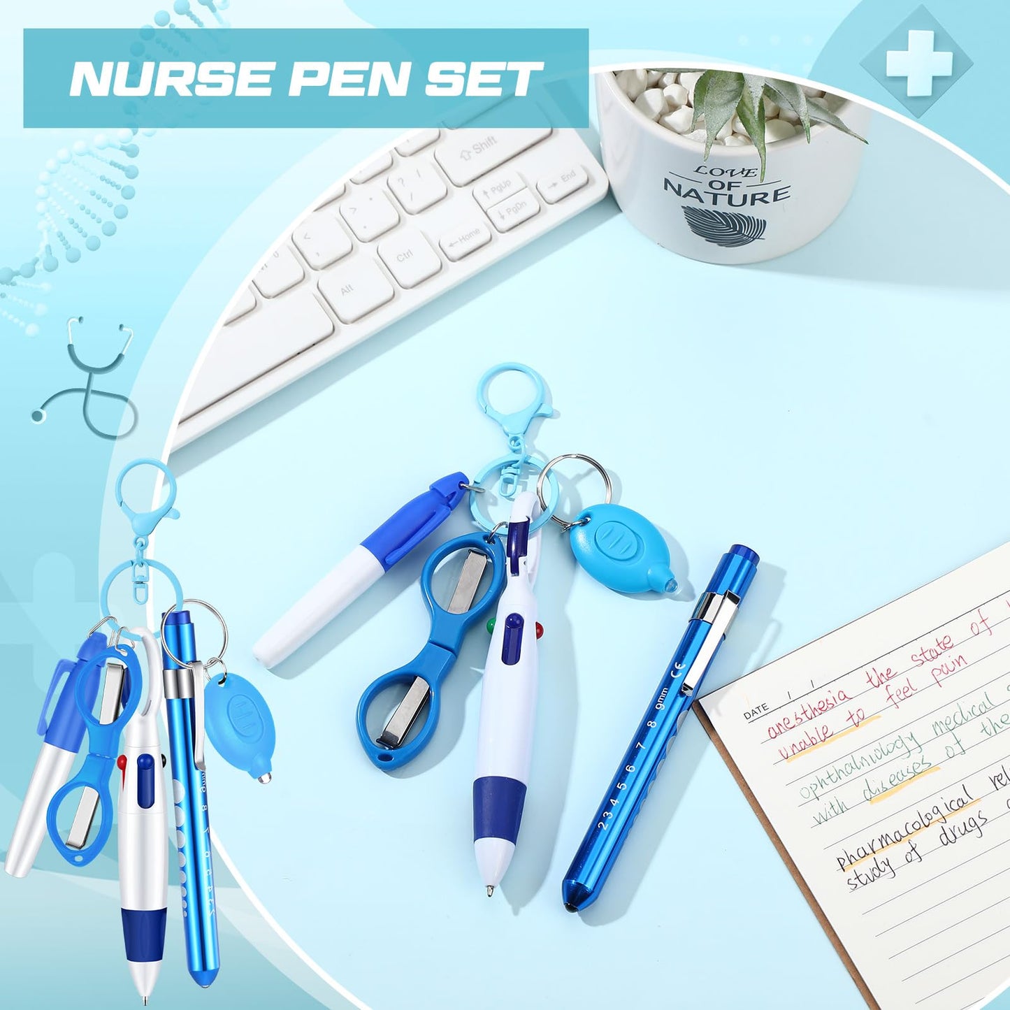 6 Pcs Nurse Pen Set Include Permanent Marker Pen Retractable Ballpoint Pen Keychain Clip Foldable Scissors Lights LED Flashlight Keychain for Nurse Accessories(Purple)