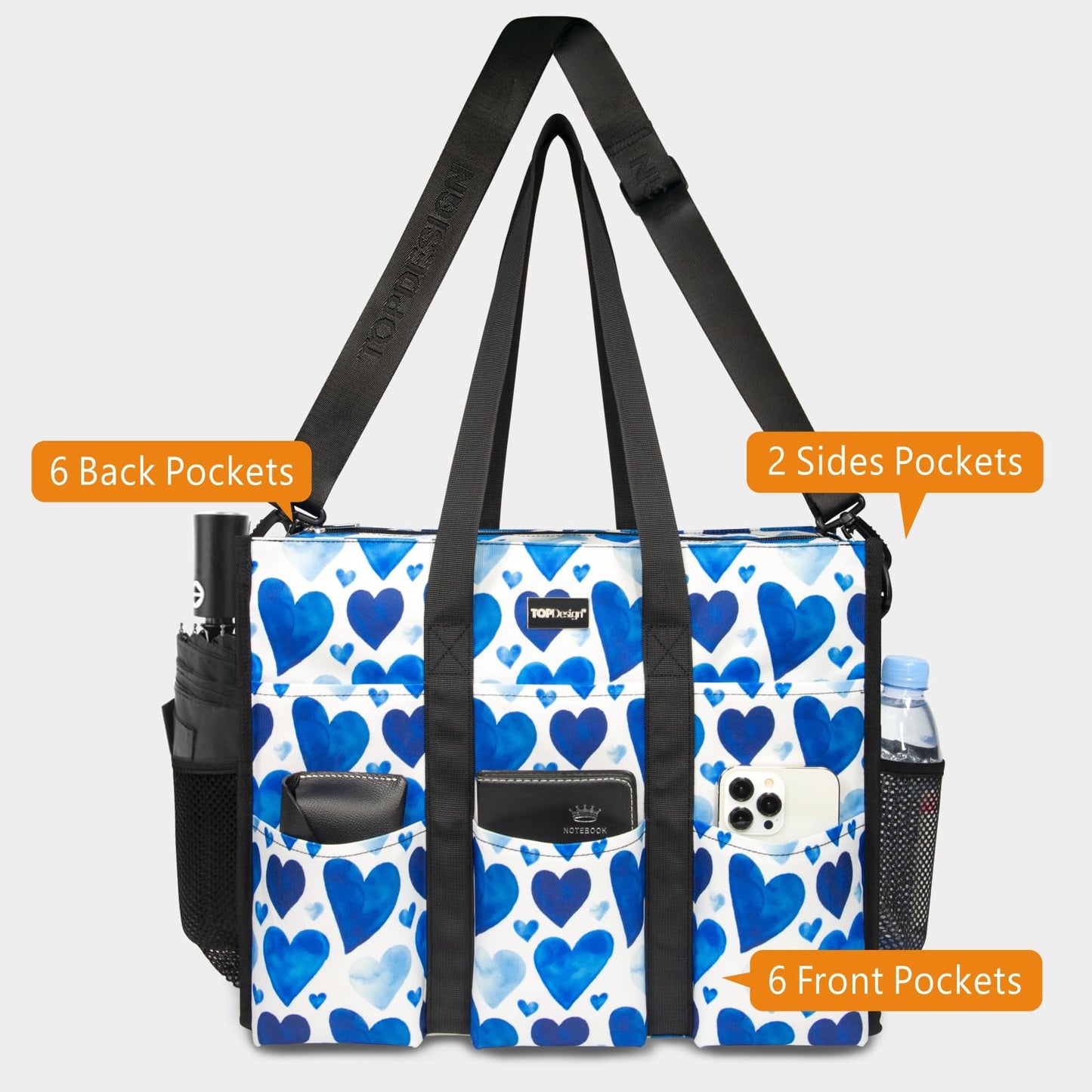 TOPDesign Utility Water Resistant Tote Bag with 22 Pockets, Top Zipper Closure & Thick Bottom Support, for Working Women