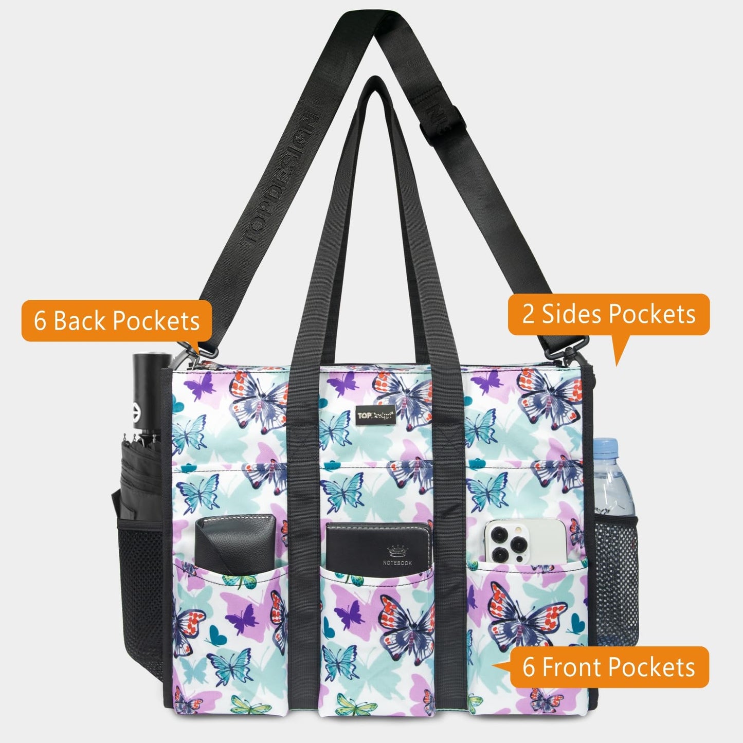 TOPDesign Utility Water Resistant Tote Bag with 22 Pockets, Top Zipper Closure & Thick Bottom Support, for Working Women