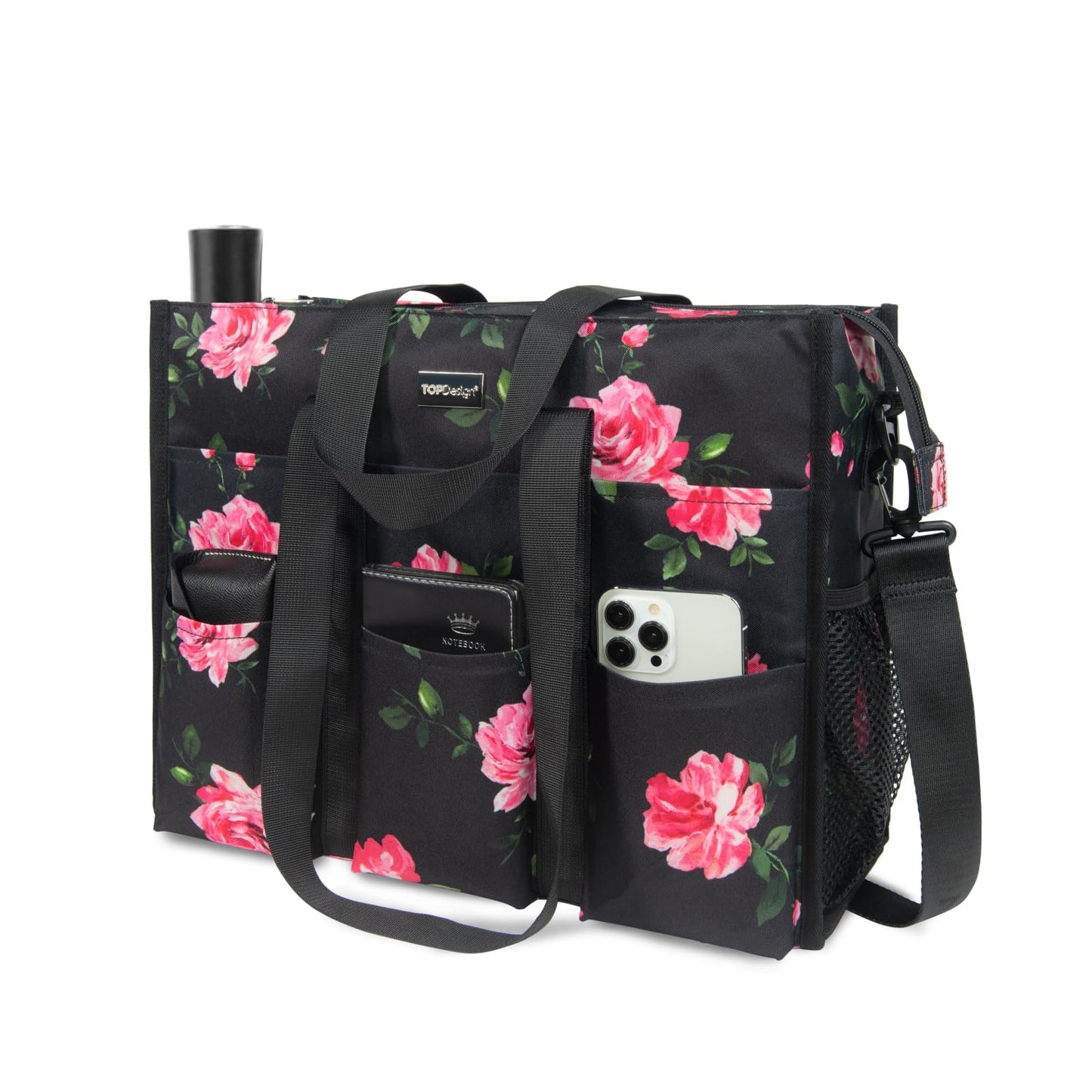 TOPDesign Utility Water Resistant Tote Bag with 22 Pockets, Top Zipper Closure & Thick Bottom Support, for Working Women