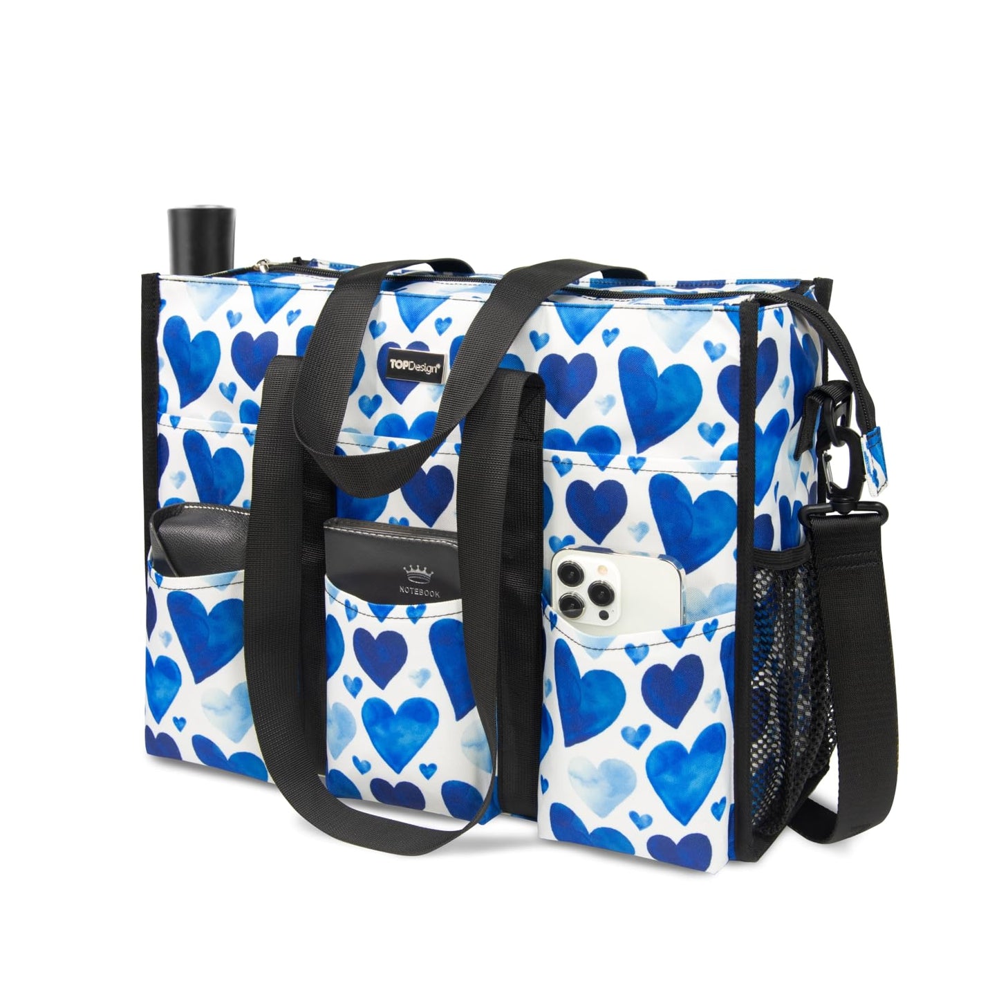 TOPDesign Utility Water Resistant Tote Bag with 22 Pockets, Top Zipper Closure & Thick Bottom Support, for Working Women