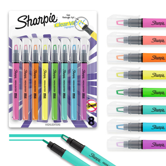 Sharpie Clear View Highlighter Sticks, Chisel Tip Fluorescent Highlighters, See Through Tip Highlighter Marker Set, Assorted Colors, 8 Count