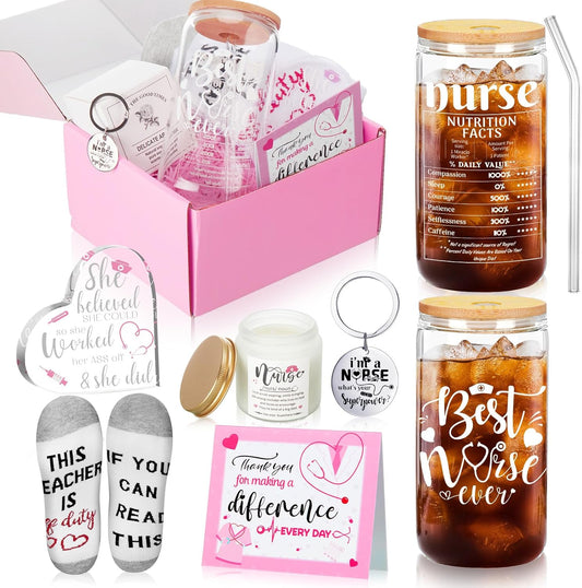 Umigy Set of 8 Nurse Gifts for Women Nurse Appreciation Gift Set Nurse Graduation Nurse Day Gift Basket Glass Cup Acrylic Keepsake Candle Socks Keychain Card Box for Nurse Practitioner