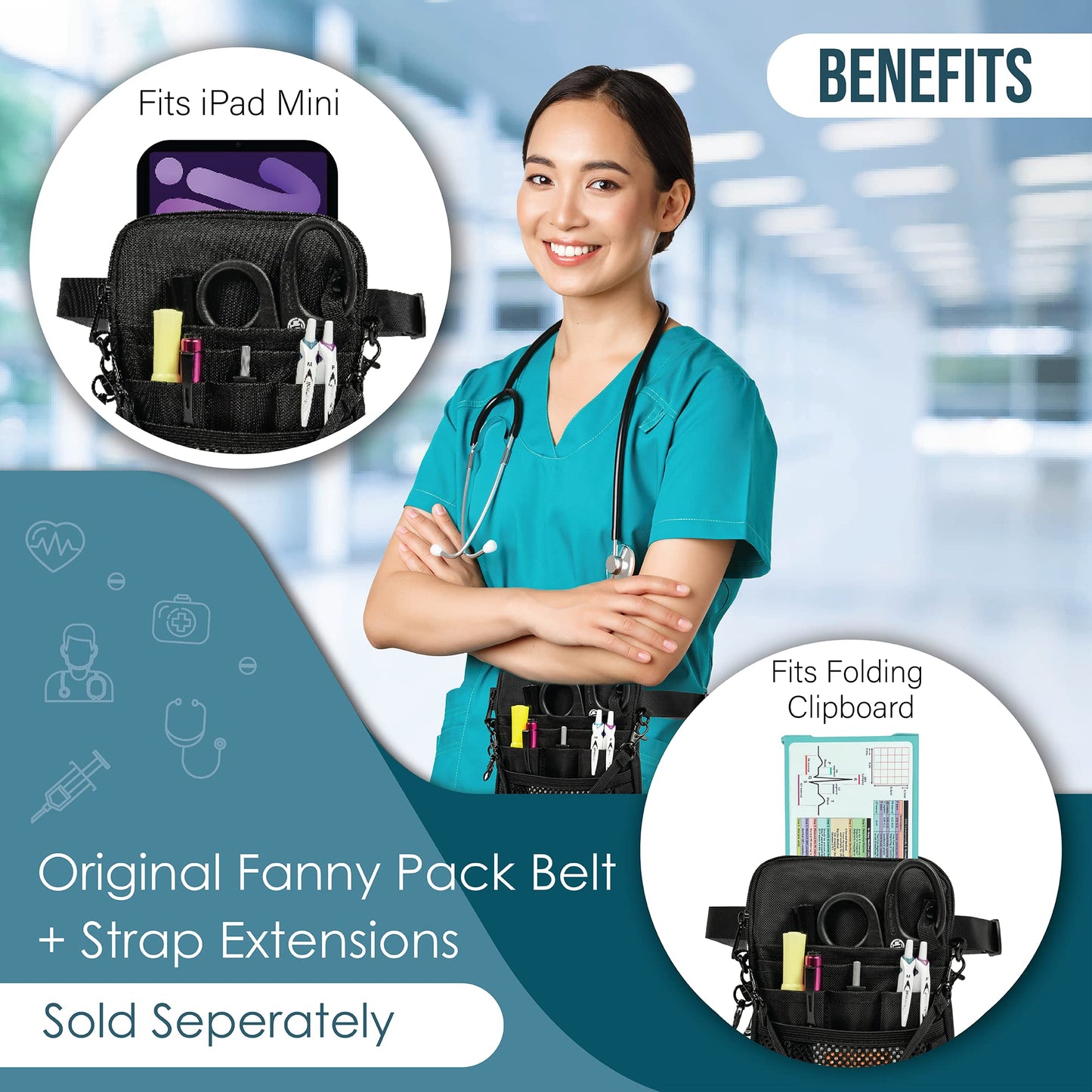 First Lifesaver 4-in-1 Nurse Fanny Pack with Medical Gear Pockets, Tape Holder, and Utility Storage for Stethoscopes, Bandage Scissors, and Emergency Supplies, Student and Nurse Use (Black)