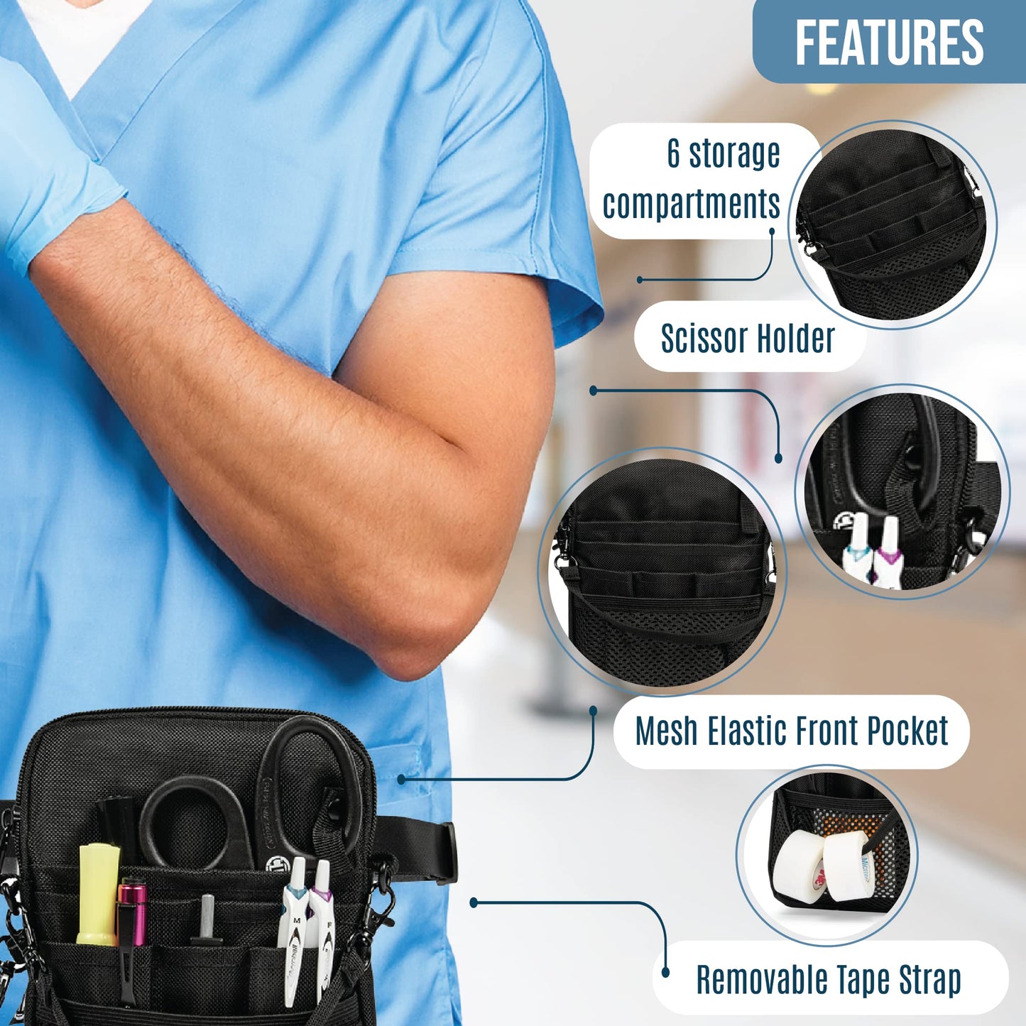 First Lifesaver 4-in-1 Nurse Fanny Pack with Medical Gear Pockets, Tape Holder, and Utility Storage for Stethoscopes, Bandage Scissors, and Emergency Supplies, Student and Nurse Use (Black)