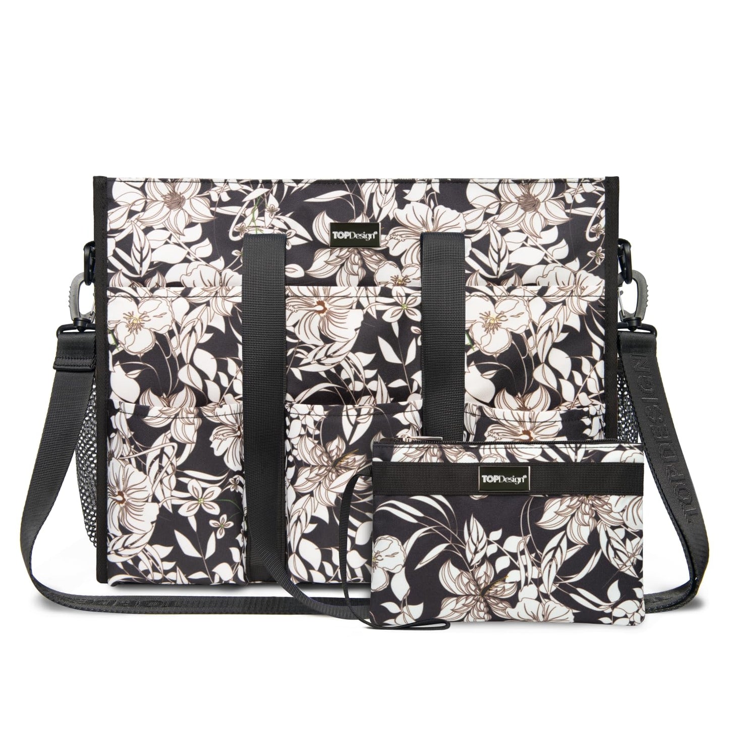 TOPDesign Utility Water Resistant Tote Bag with 22 Pockets, Top Zipper Closure & Thick Bottom Support, for Working Women