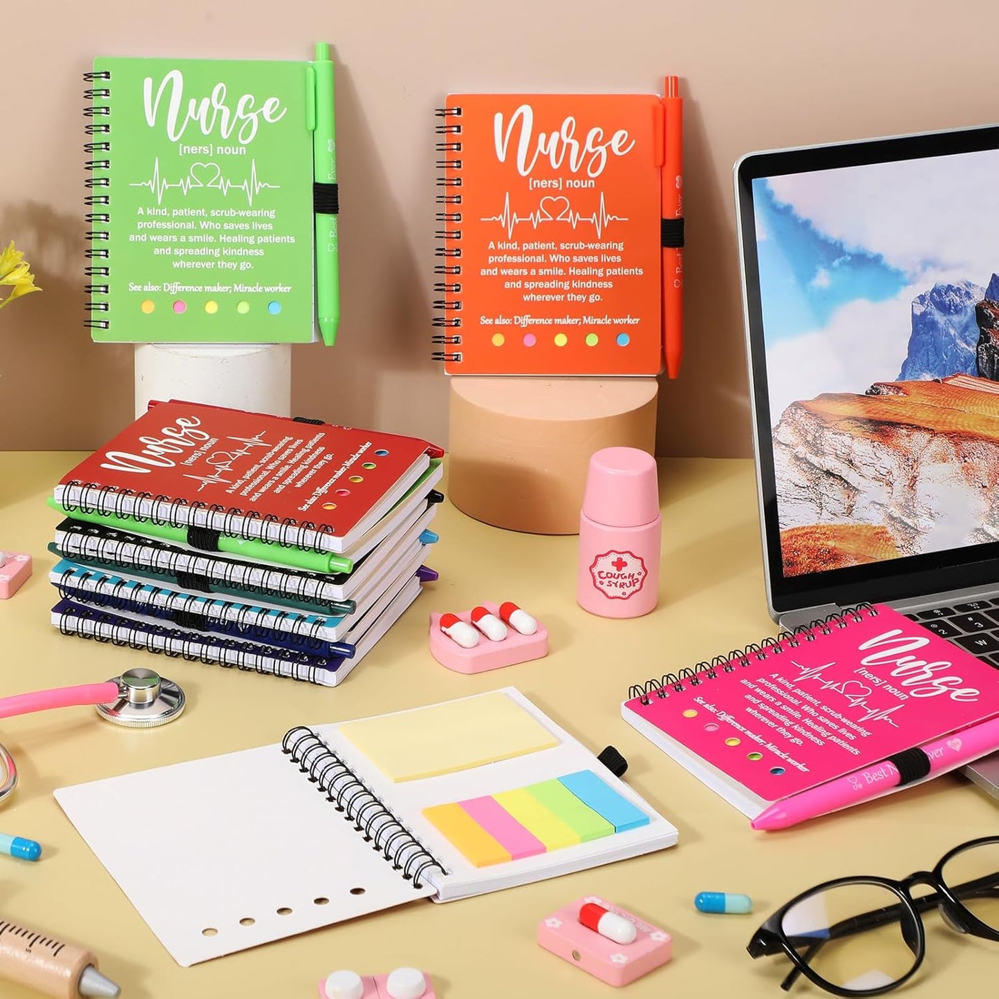 Resurhang 20 Sets Christmas Nurse Appreciation Gifts Bulk 2025 Thank You Gift Notebook with Pen in Holder and Sticky Note Notepad Marker Index Tab Inspiring Journal Ballpoint Pen for Coworker Doctor