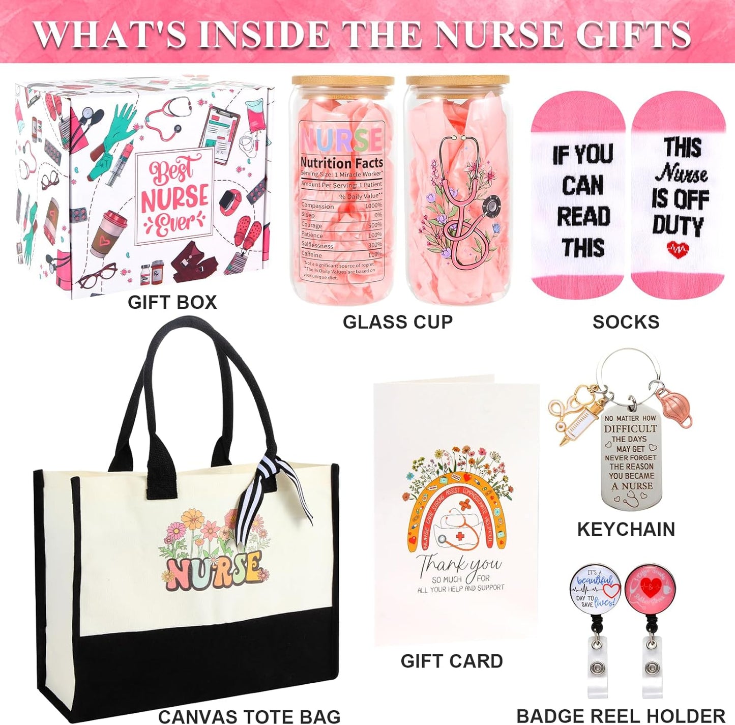 Nurse Appreciation Gifts: Canvas Beach Bag, Glass Cup, Socks, Keychain, Badge Reel Holder