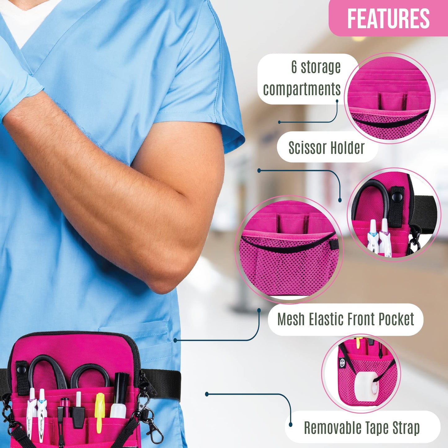 First Lifesaver 4-in-1 Nurse Fanny Pack with Medical Gear Pockets, Tape Holder, and Utility Storage for Stethoscopes, Bandage Scissors, and Emergency Supplies, Student and Nurse Use (Black)