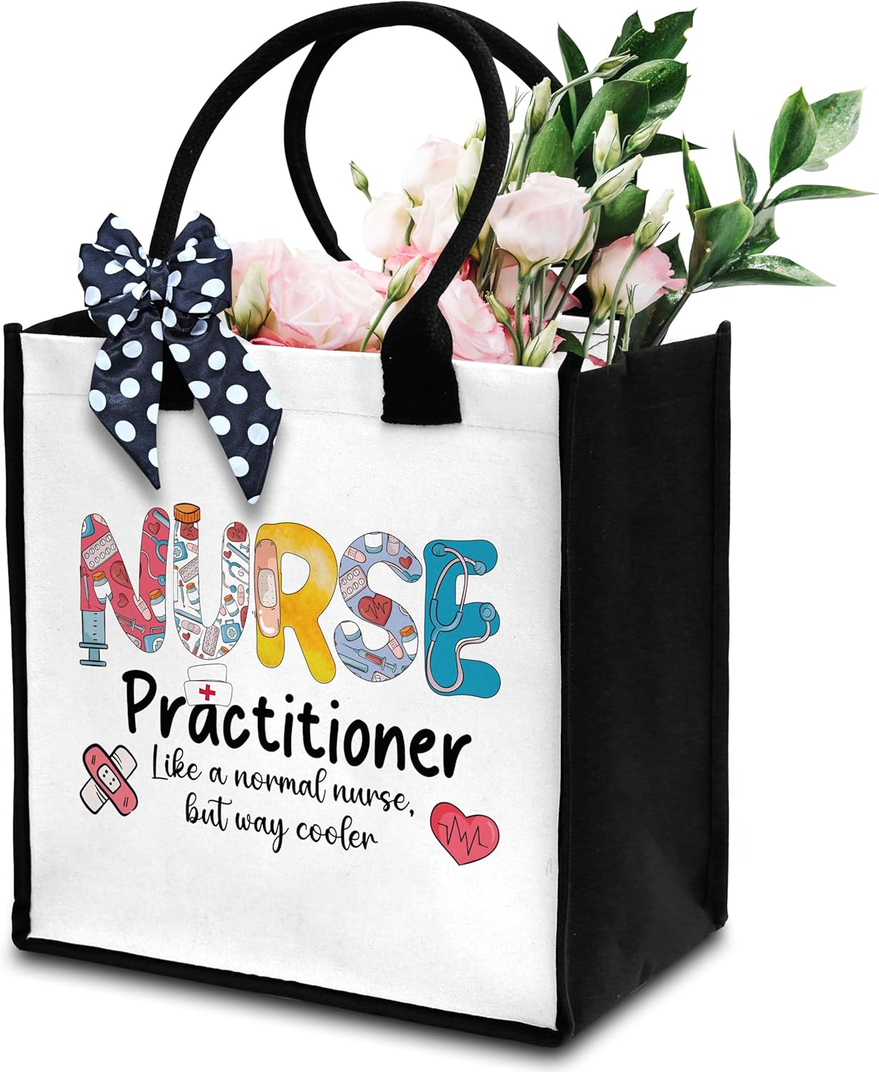 Nurse Tote Bag, Canvas Nurse Practitioner Tote, Appreciation Gift Tote With Ribbon, Beach Tote Bag For Nurses, Graduation Birthday Christmas - 07