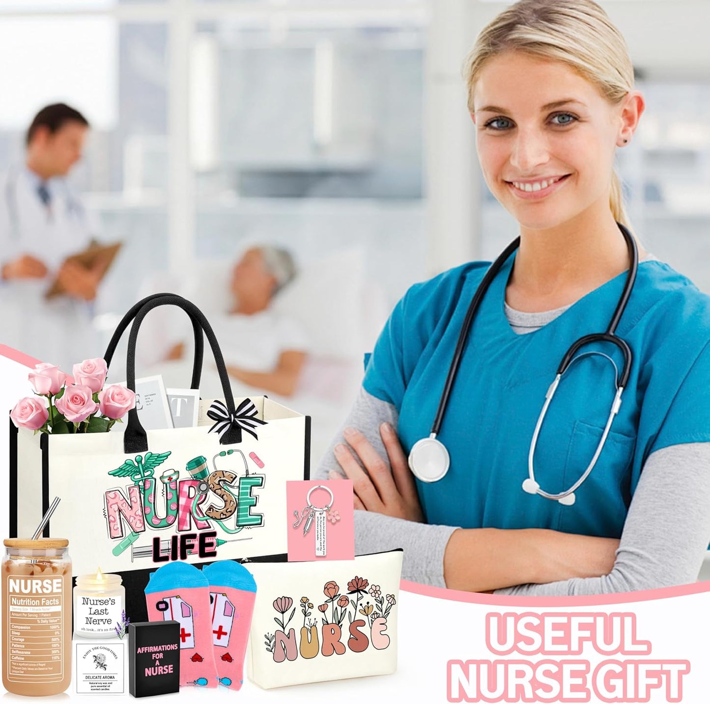 Nurse Gifts Nurse Appreciation Gift Set for Women Christmas Gifts for Nurses Week Nurses Graduation Gift for Nursing Student with Canvas Bag Socks Affirmations Cards 16 Oz Can Glass