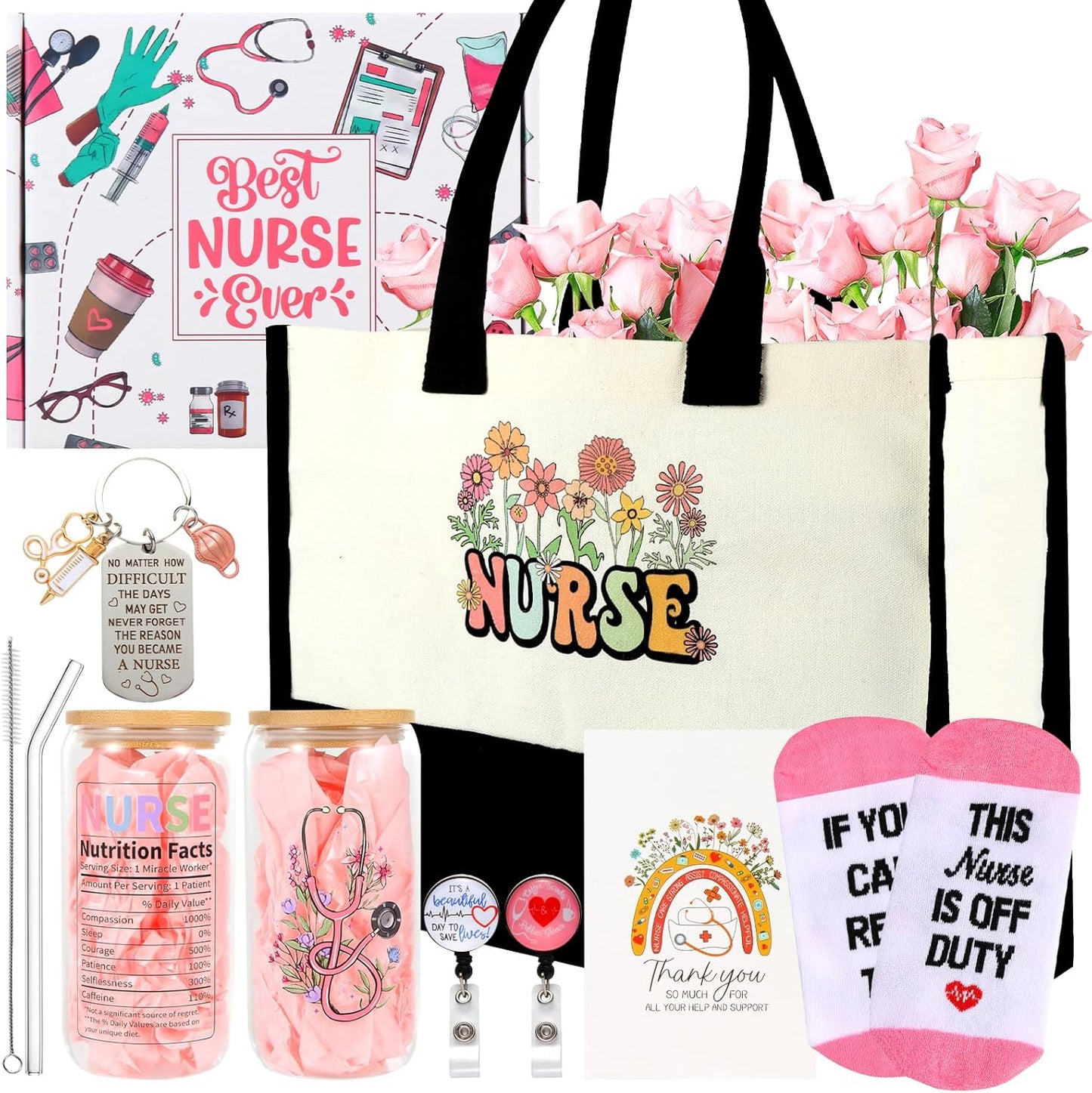 Nurse Appreciation Gifts: Canvas Beach Bag, Glass Cup, Socks, Keychain, Badge Reel Holder