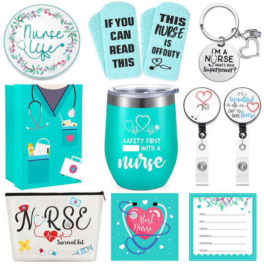 Coume Nurse Gifts Boxes Sets for Women, 9 Pieces Nurse Week Appreciation Gifts Set Nurses Customized Stainless Steel Wine Tumbler Keychain Socks Thank You Sets for LPN NICU Graduation(Purple)
