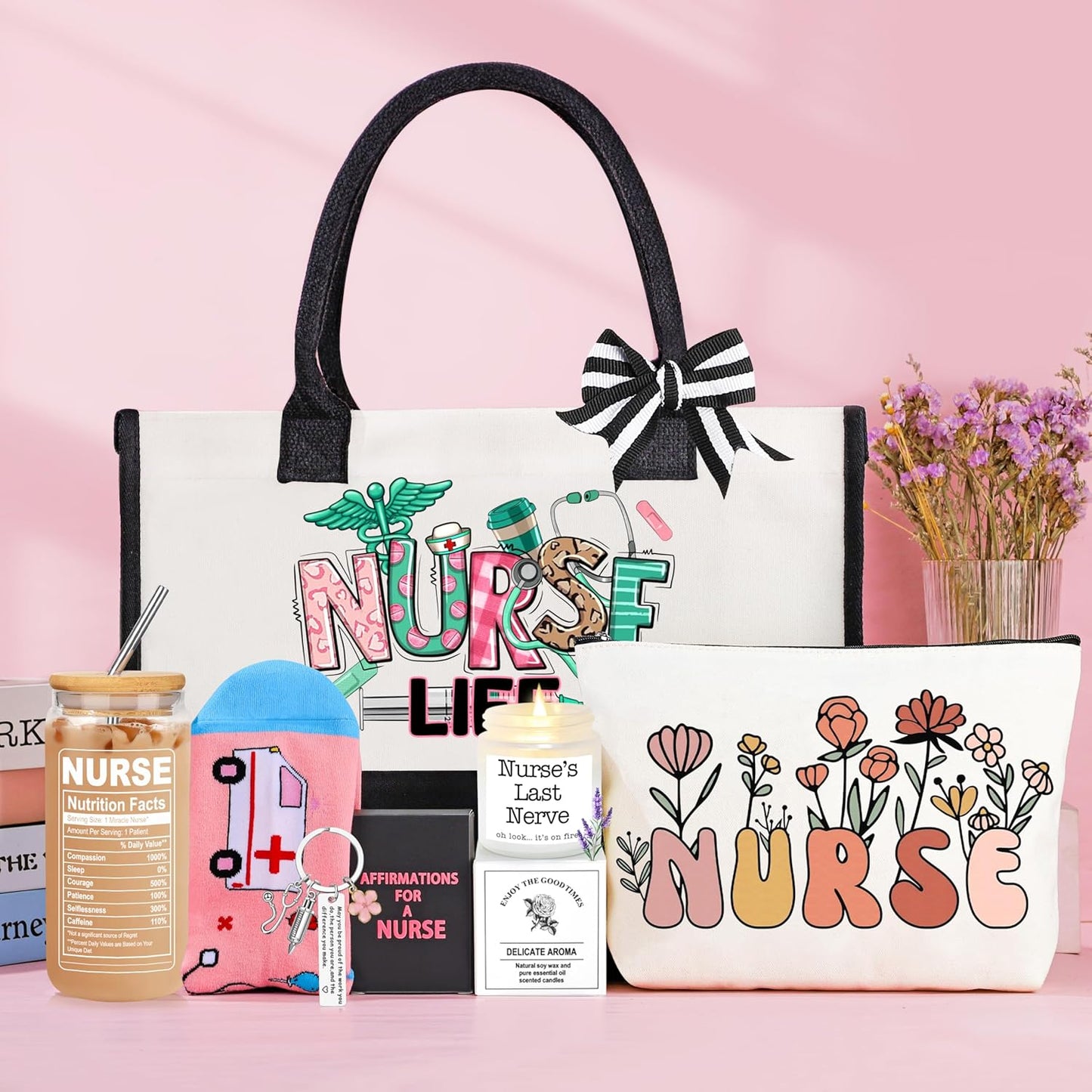 Nurse Gifts Nurse Appreciation Gift Set for Women Christmas Gifts for Nurses Week Nurses Graduation Gift for Nursing Student with Canvas Bag Socks Affirmations Cards 16 Oz Can Glass