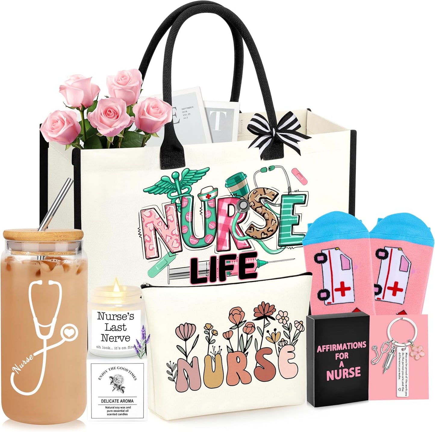 Nurse Gifts Nurse Appreciation Gift Set for Women Christmas Gifts for Nurses Week Nurses Graduation Gift for Nursing Student with Canvas Bag Socks Affirmations Cards 16 Oz Can Glass