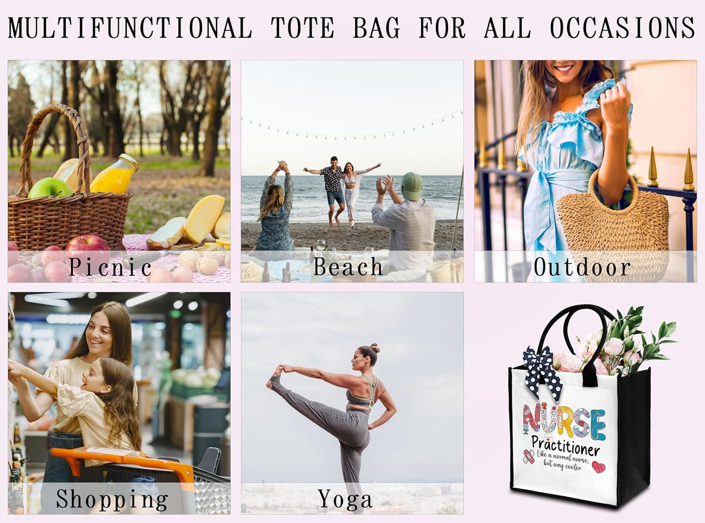 Nurse Tote Bag, Canvas Nurse Practitioner Tote, Appreciation Gift Tote With Ribbon, Beach Tote Bag For Nurses, Graduation Birthday Christmas - 07